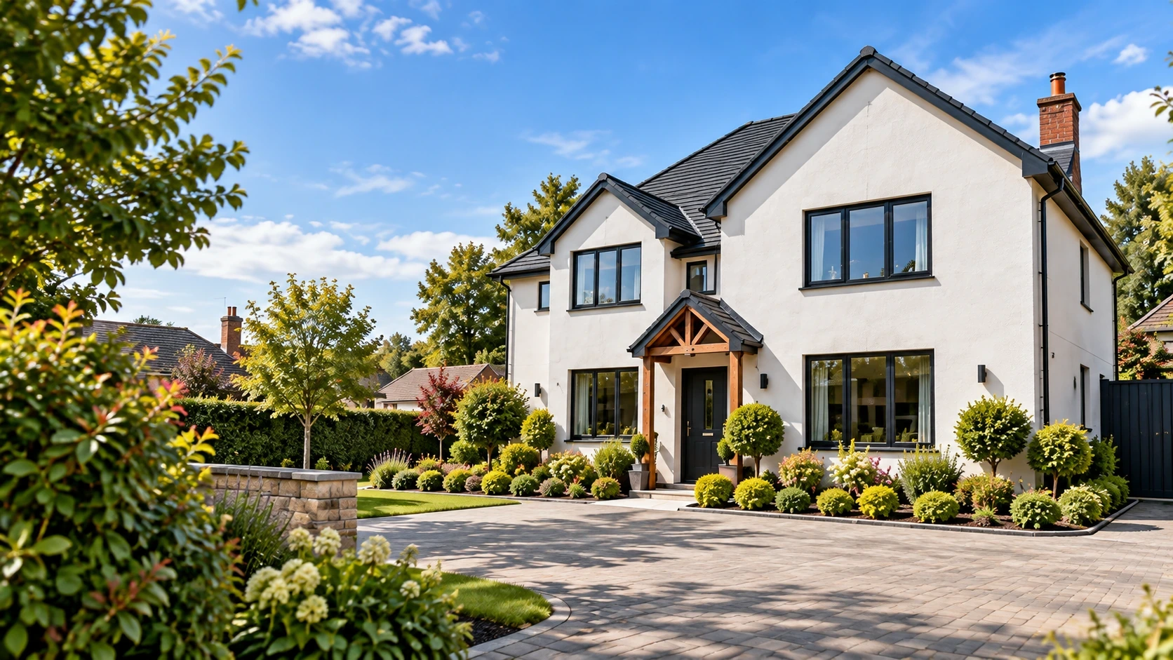 Rendered family home with a landscaped front garden