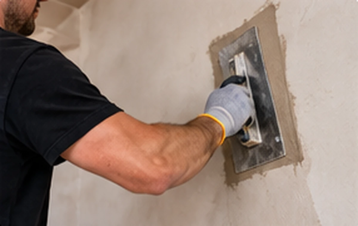 Plasterer applying a smooth finish to an interior wall