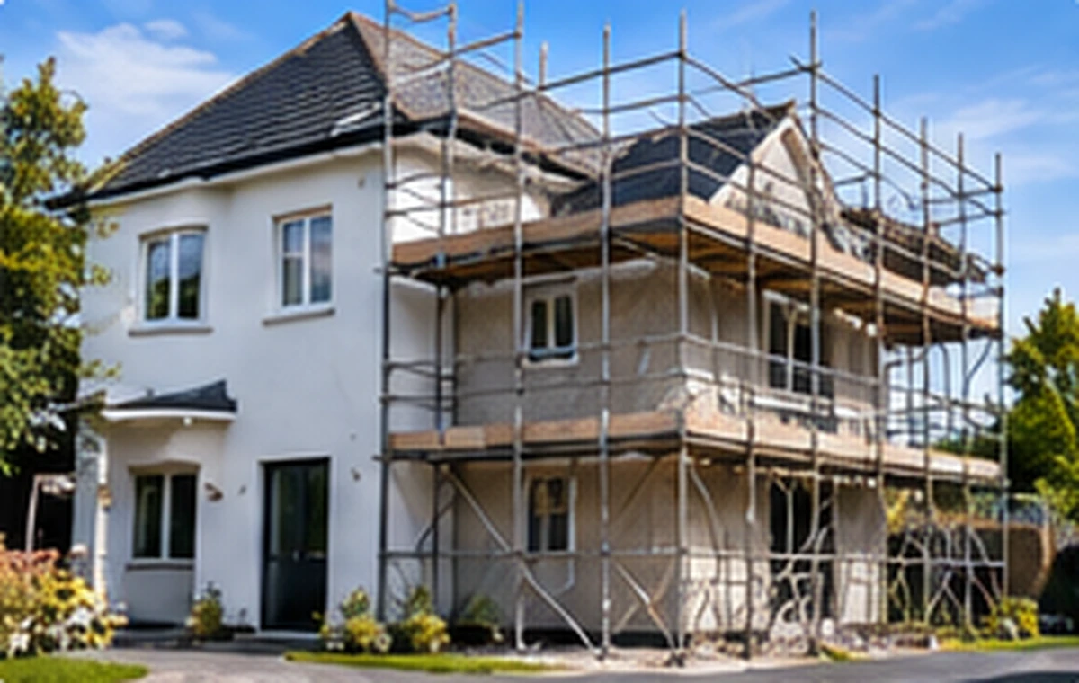 Home with scaffolding during a rendering project