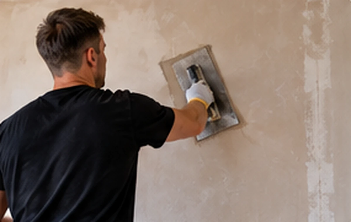 Plasterer skimming an interior wall